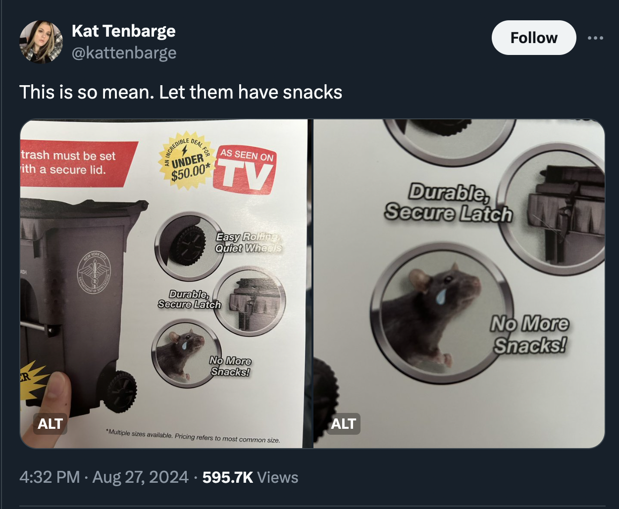 screenshot - Kat Tenbarge This is so mean. Let them have snacks trash must be set ith a secure lid. Under $50.00 As Seen On Tv Easy Ramaz Quiet Whabin Durable Secure Latch Durable Secure Latch No More Shacks! Alt Alt "Messable Pricing refers to most commo